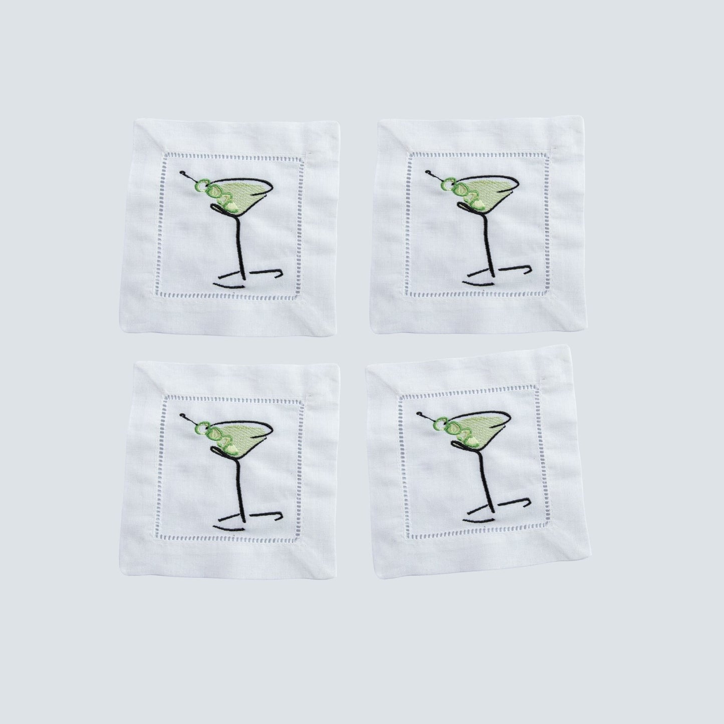 Martini Embroidered Linen Cocktail Napkins — Set of 4