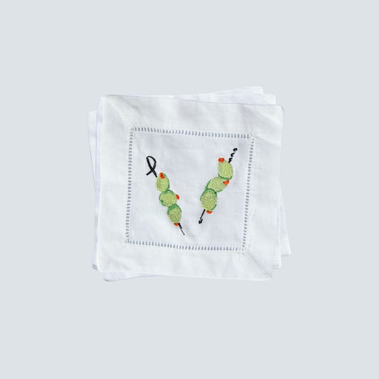 Olive Martini Skewers Embroidered Linen Cocktail Napkins — Set of 4