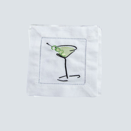 Martini Embroidered Linen Cocktail Napkins — Set of 4