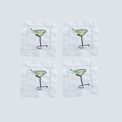 Martini Embroidered Linen Cocktail Napkins — Set of 4